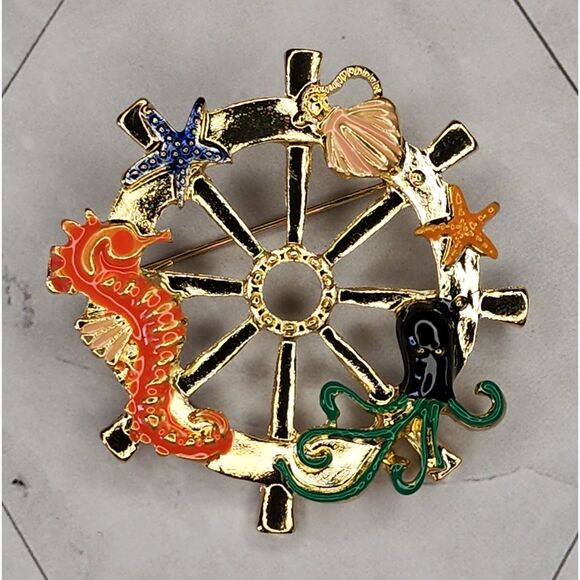 Ships Wheel Brooch Seahorse Octopus Starfish Ocean Enamel on Bright Gold Tone - Picture 1 of 4